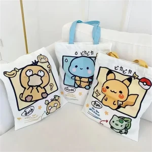 Anime Pokemon Pikachu Canvas Shoulder Bags Psyduck Squirtle Ladies Casual Handbag Reusable Large Capacity Women Shopping Bag