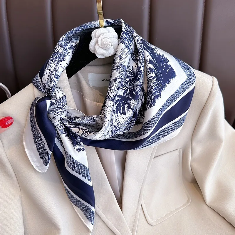 1pcs 70cm Plant-printed Scarf Women Simulated Silk Elegant and Versatile Headwear Bag Clothing and Accessories Square Scarf